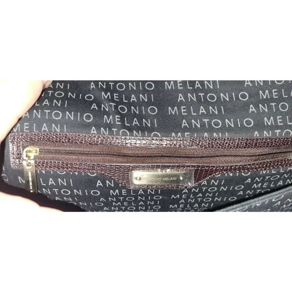 Antonio Melani Lizzard Croc Embossed Brown Leather Turn LockClutch Handbag Purse - Picture 8 of 9